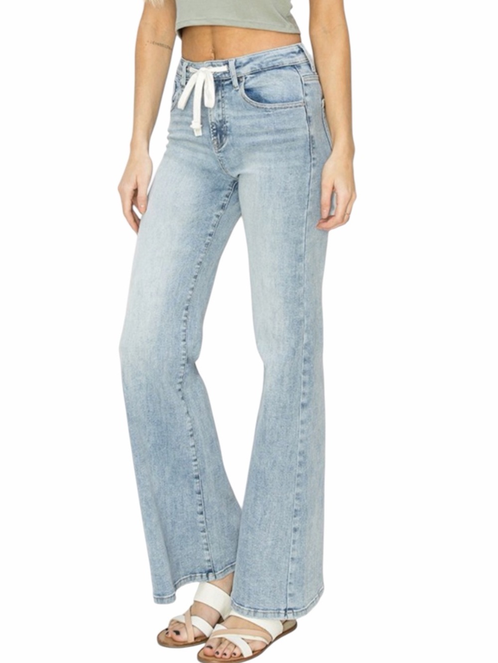 Light Wash Wide Leg Jeans with Drawstring Waist